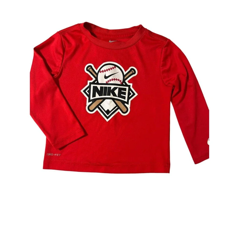 Nike University Red Baseball Logo Toddler Boy 2T Dri-Fit Long Sleeve Tee Shirt.